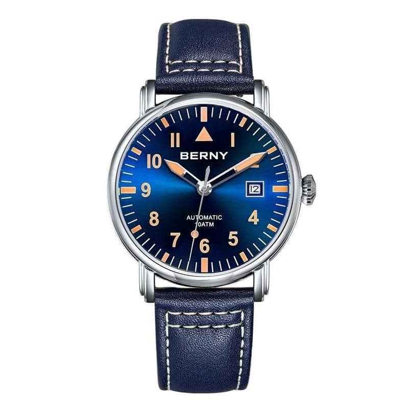 High-quality men's watch with blue dial and leather strap, automatic movement, and date display. Perfect for stylish and functional accessories.