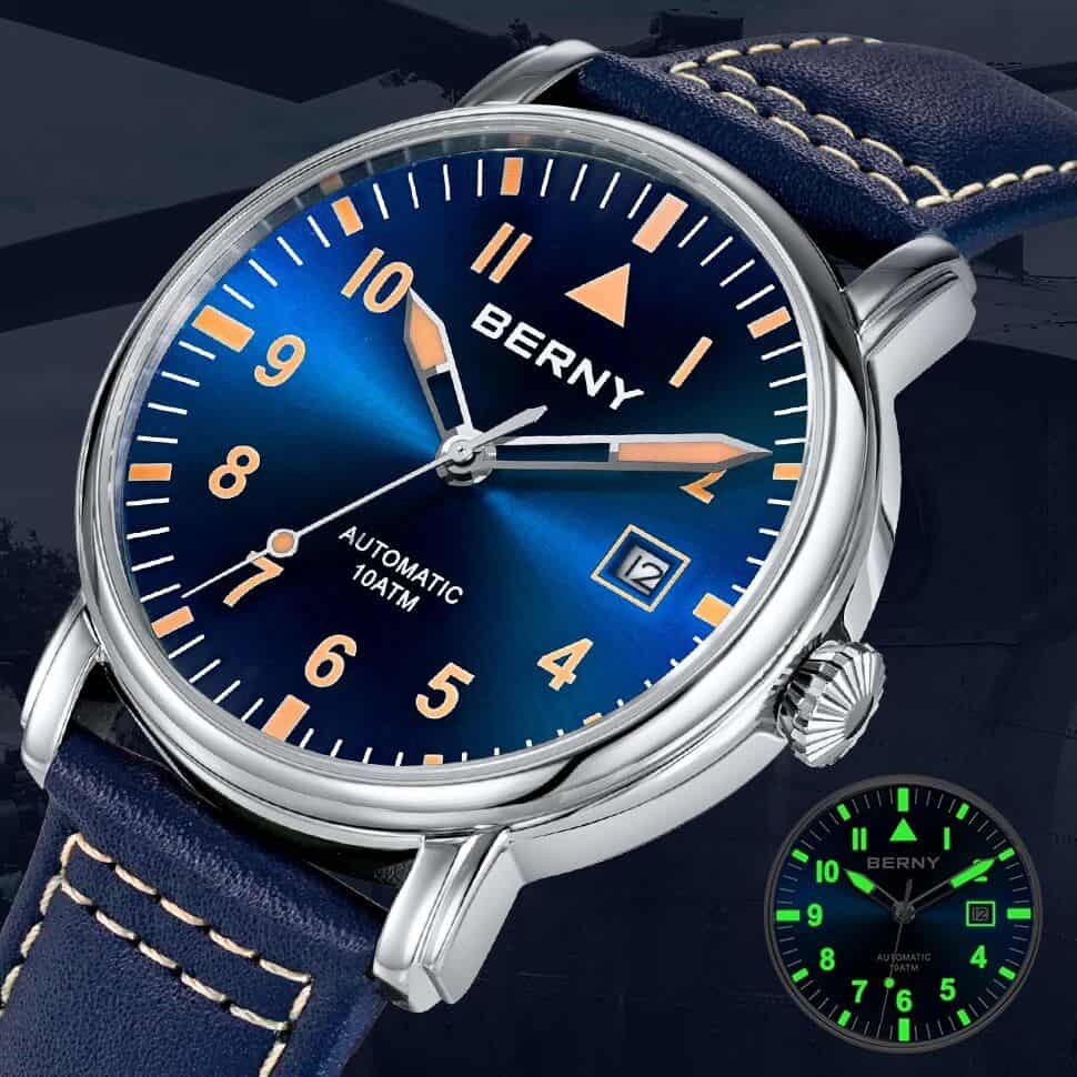 Elegant men's wristwatch featuring a blue dial, date display, and luminous hands, perfect for stylish accessories and timekeeping needs.