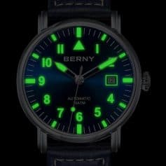 Luminous men’s watch featuring glow-in-the-dark dial, black leather strap, date display, and automatic movement for precise timekeeping. Perfect for stylish, functional accessories.