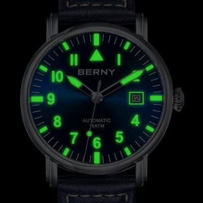 Luminous men’s watch featuring glow-in-the-dark dial, black leather strap, date display, and automatic movement for precise timekeeping. Perfect for stylish, functional accessories.