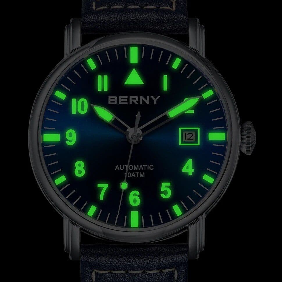 Luminous men’s watch featuring glow-in-the-dark dial, black leather strap, date display, and automatic movement for precise timekeeping. Perfect for stylish, functional accessories.