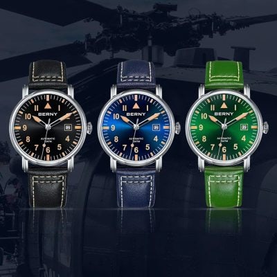 High-quality men's wristwatches in black, blue, and green with leather straps, Swiss automatic movement, and date display for luxury and style.