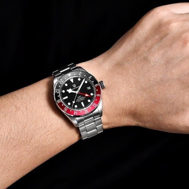 Luxury men's wristwatch with GMT function and stainless steel band.