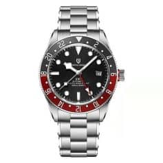 High-quality men's GMT dive watch with stainless steel band, black dial, and red-blue bezel, perfect for luxury watch collectors and diving enthusiasts.