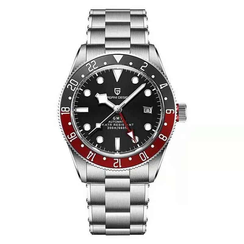 High-quality men's GMT dive watch with stainless steel band, black dial, and red-blue bezel, perfect for luxury watch collectors and diving enthusiasts.