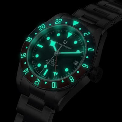 Highly durable, waterproof GMT automatic wristwatch with sleek black design.