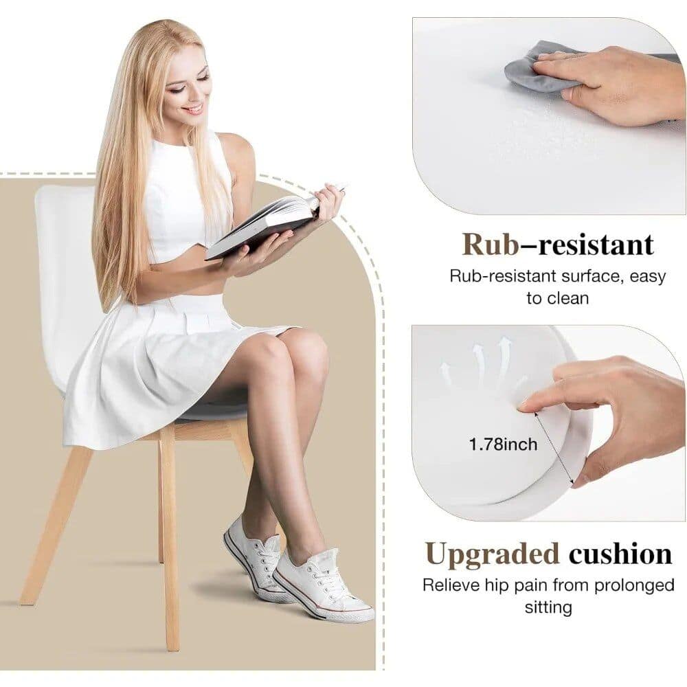 Image of a woman sitting on a white cushion chair fitted with a rub-resistant surface, designed to relieve hip pain from prolonged sitting, ideal for office or home use.
