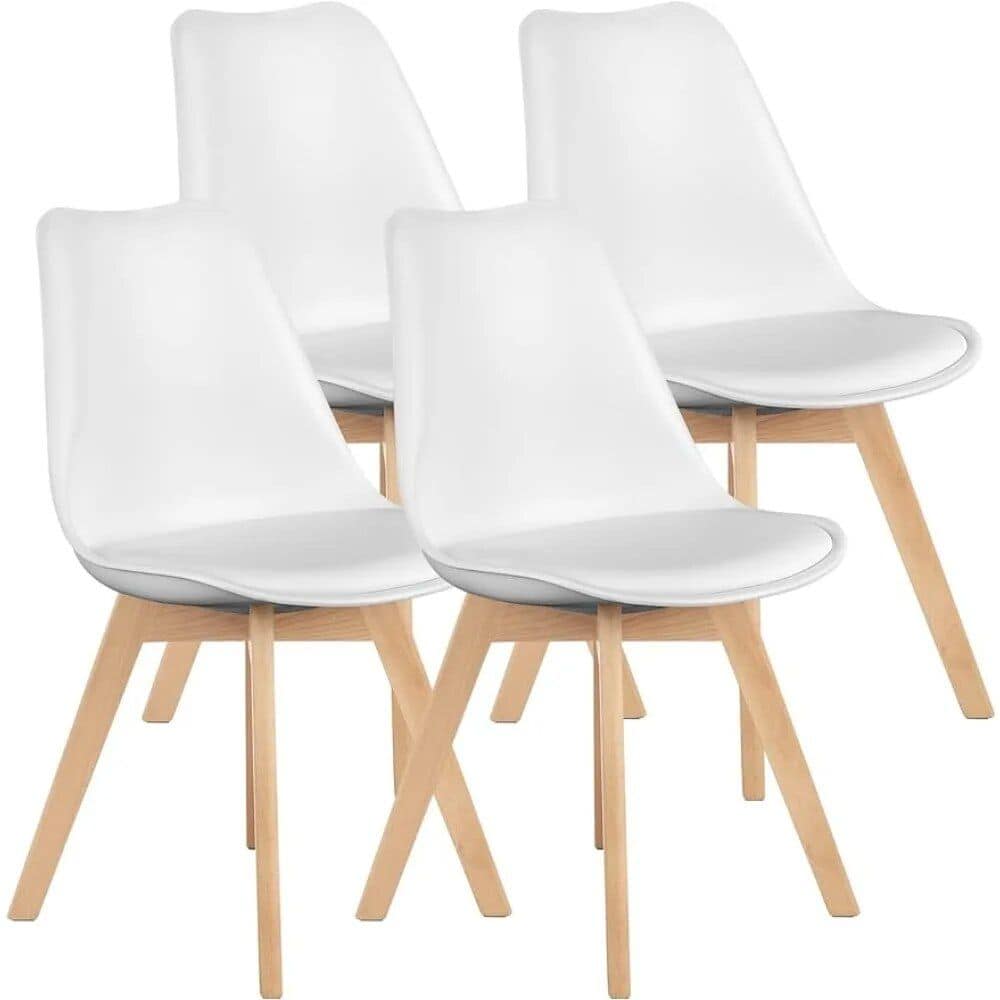 Set of four sleek white dining chairs with wooden legs, perfect for modern kitchens or dining rooms, combining comfort and elegance.