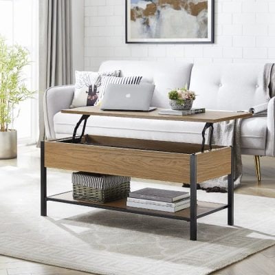 Contemporary wooden coffee table with metal frame, featuring a hidden compartment for storage. Perfect for living rooms, offering style and functionality to your home decor.