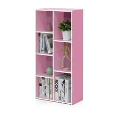Stylish pink bookshelf with multiple compartments, perfect for home or office storage, showcasing decorative items and books, ideal for contemporary interior design.