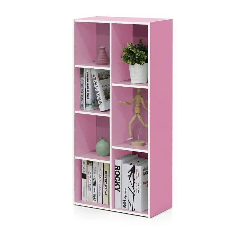 Stylish pink bookshelf with multiple compartments, perfect for home or office storage, showcasing decorative items and books, ideal for contemporary interior design.