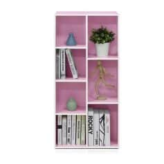 Bright pink bookshelf featuring potted plants, decorative figurines, and stylish books to enhance interior design and organization.
