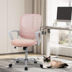 Comfortable pink office chair with ergonomic design in home office setting, featuring adjustable height, breathable mesh back, and casters for mobility, ideal for work-from-home scenarios.