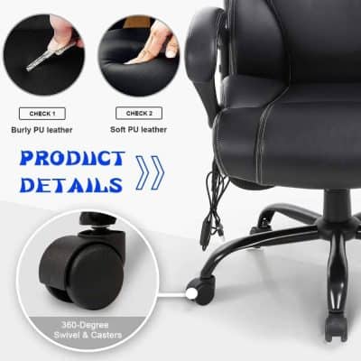 Ergonomic black office chair featuring 360-degree swivel casters, adjustable height, and cushioned support. Ideal for professional and home office setups to ensure comfort during long sitting hours.