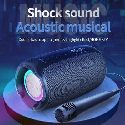 Wireless Bluetooth karaoke speaker with double bass diaphragm and colorful light effects for home KTV and outdoor use. Perfect for music lovers seeking high-quality sound.