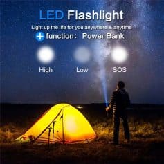 LED flashlight with power bank feature, suitable for camping, hiking, and emergencies, offering multiple brightness modes including high, low, and SOS for versatile outdoor use.
