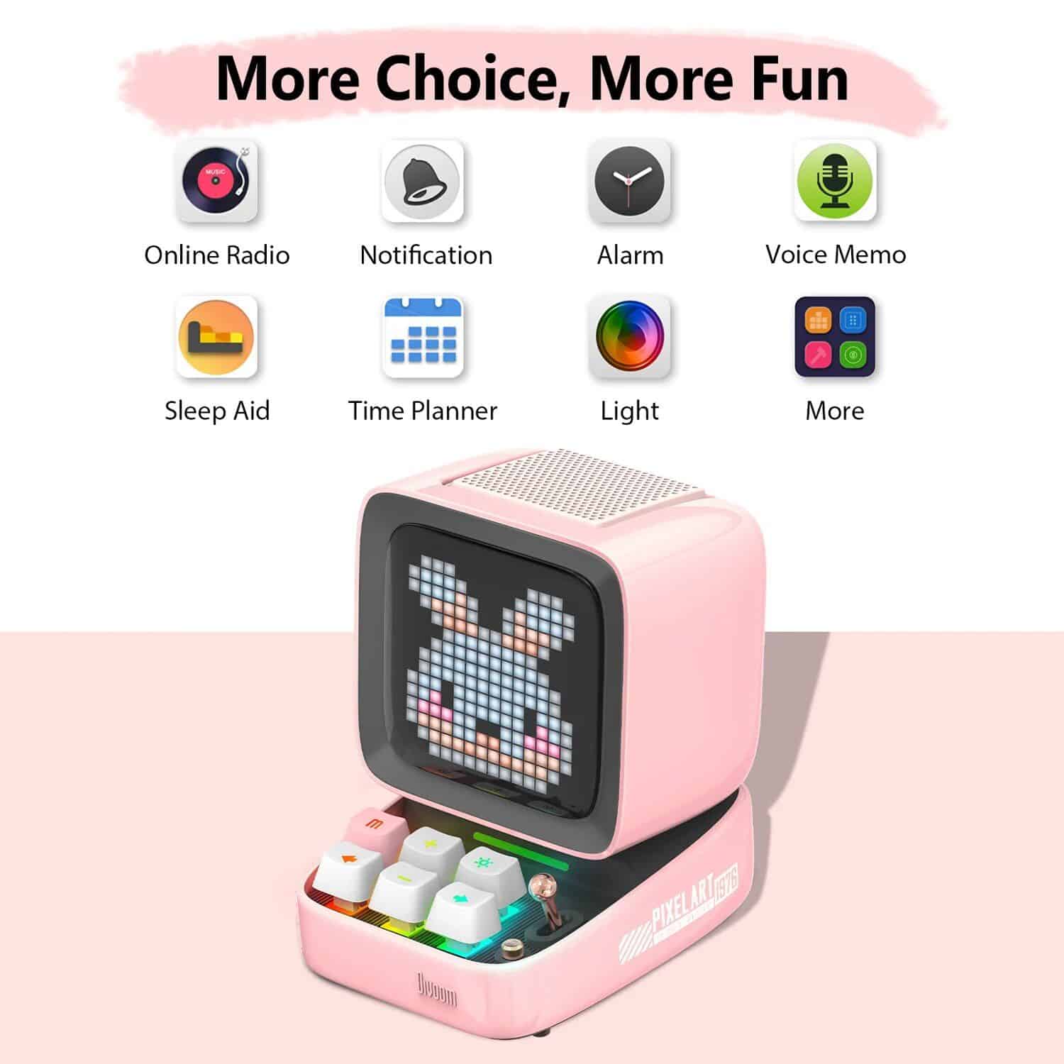 A pink pixel art toy featuring a digital display, colorful buttons, and animated graphics, ideal for creative play and decor, perfect for children and digital art enthusiasts.