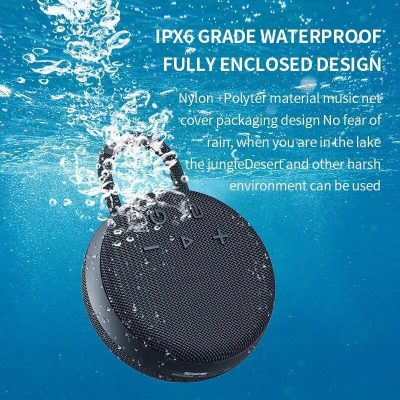 Durable IPX6 waterproof Bluetooth speaker with nylon + polymer mesh cover, perfect for outdoor activities, pool, or beach. Fully enclosed design, ideal for use in harsh environments like lakes, deserts, and jungles.