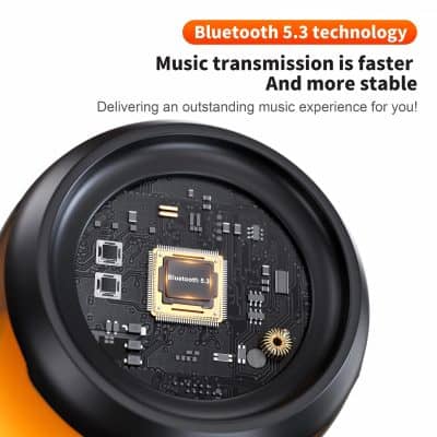 High-resolution alt text describing the Bluetooth speaker's internal circuit board and Bluetooth 5.3 module for improved sound transmission.