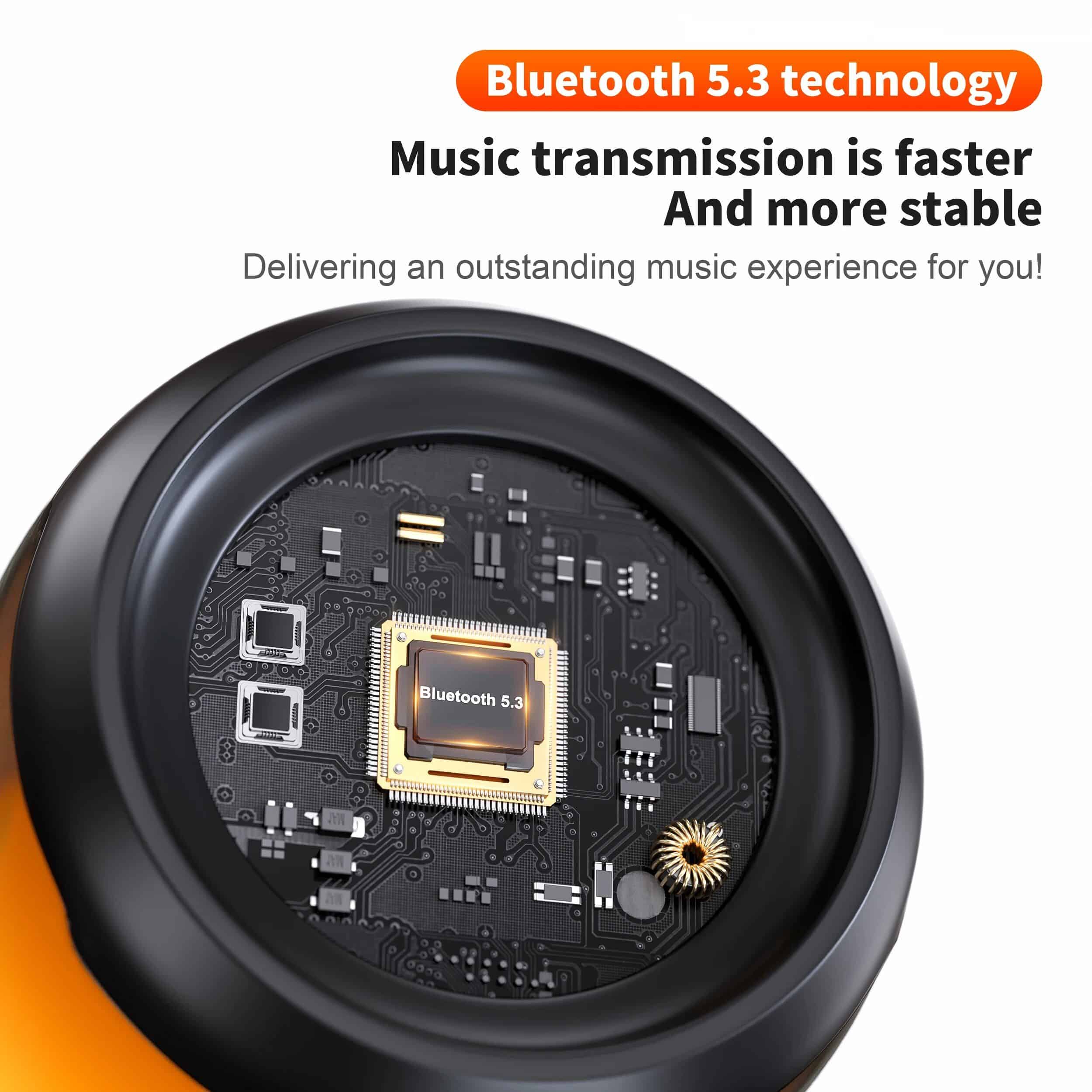 High-resolution alt text describing the Bluetooth speaker's internal circuit board and Bluetooth 5.3 module for improved sound transmission.