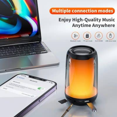 ALT text: Modern portable Bluetooth speaker with LED light, compatible with smartphones for high-quality music streaming anytime anywhere.