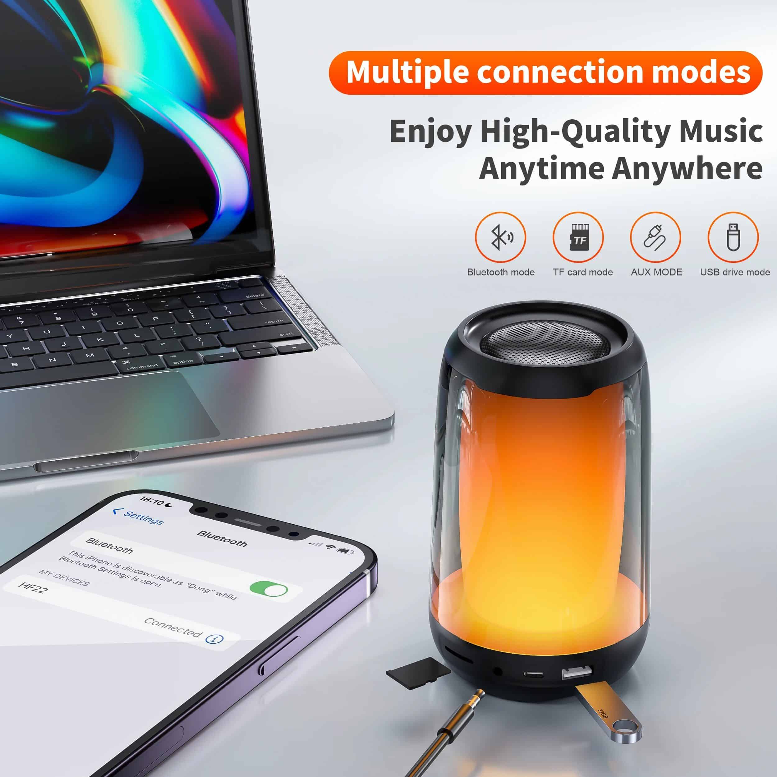 ALT text: Modern portable Bluetooth speaker with LED light, compatible with smartphones for high-quality music streaming anytime anywhere.