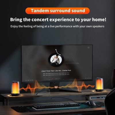 High-quality computer speakers with immersive stereo sound for enhanced gaming, music, and movie experiences at home. Wireless connectivity and stylish design for modern setups.
