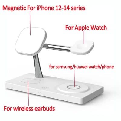 Portable magnetic wireless charger for iPhone, Samsung, Huawei, Apple Watch, and wireless earbuds, compatible with multiple devices, perfect for convenient charging.