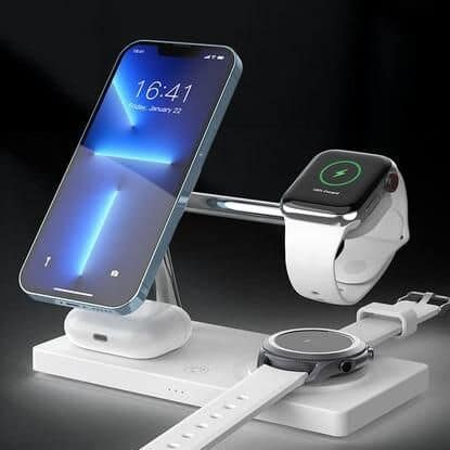 Fast wireless charging station for smartphones, smartwatches, and wearable devices. Compatible with various brands, providing efficient power delivery and neat organization for your tech accessories.