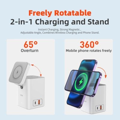 Wireless charging stand for smartphones, with magnetic and adjustable angles, offering fast charging and 360-degree rotation for convenient device use.