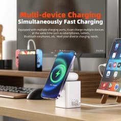 Efficient multi-port charger for multiple devices including smartphones, tablets, and Bluetooth earbuds with fast charging capabilities.