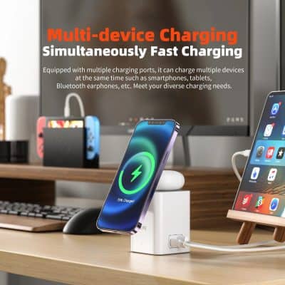 Efficient multi-port charger for multiple devices including smartphones, tablets, and Bluetooth earbuds with fast charging capabilities.