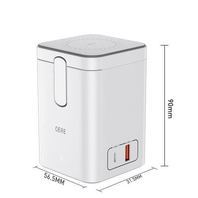 Wireless charger for smartphones and devices, compact 90mm x 56.5mm x 31.5mm, with USB-A port for fast charging, ideal for home, office, or travel use.