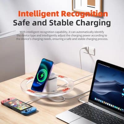 Wireless charging station with fast charge compatible with smartphones and laptops, providing safe, stable, and intelligent power management for optimal device charging efficiency.