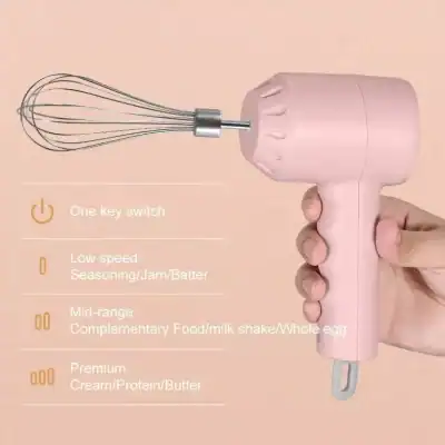 A pink handheld electric mixer with adjustable speed settings, perfect for food preparation and baking. Compact design for easy handling and versatile use in the kitchen.