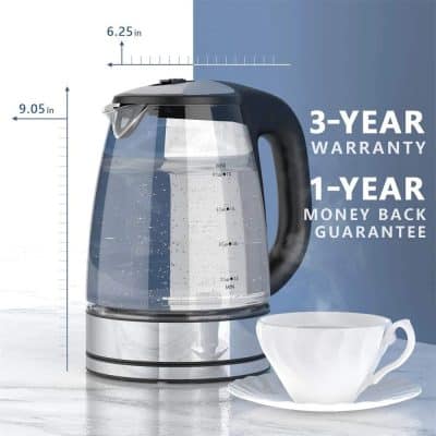Stainless steel electric kettle with water level indicator, 3-year warranty, and 1-year money-back guarantee, perfect for home and office use.