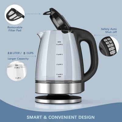 Electric kettle with removable filter pad, safety auto shut-off, 2.0-liter capacity, and digital control panel for quick, safe boiling. Ideal for home and office use, featuring modern design.