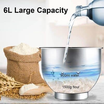 High-quality 6L large capacity kitchen mixer, perfect for baking and cooking needs, featuring a transparent mixing bowl with measurements.