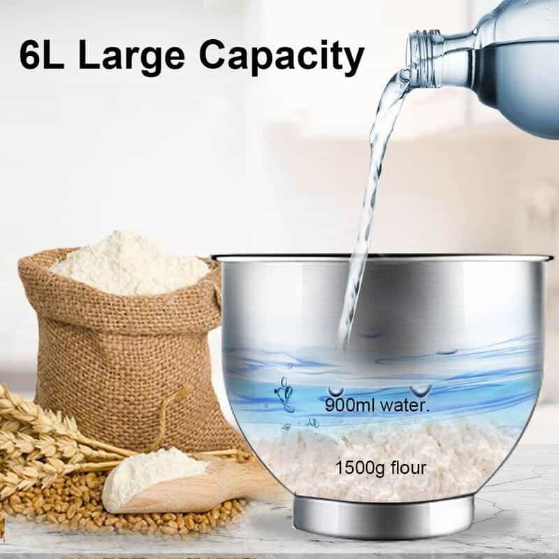 High-quality 6L large capacity kitchen mixer, perfect for baking and cooking needs, featuring a transparent mixing bowl with measurements.