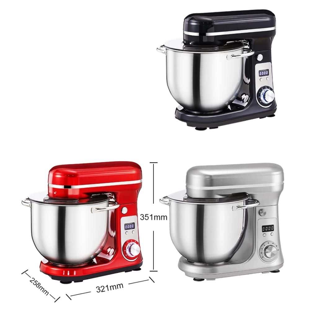 Versatile mixer stand with digital controls, available in black, red, and silver. Perfect for baking and cooking needs, high-quality stainless steel bowl, compact size, and easy to operate.