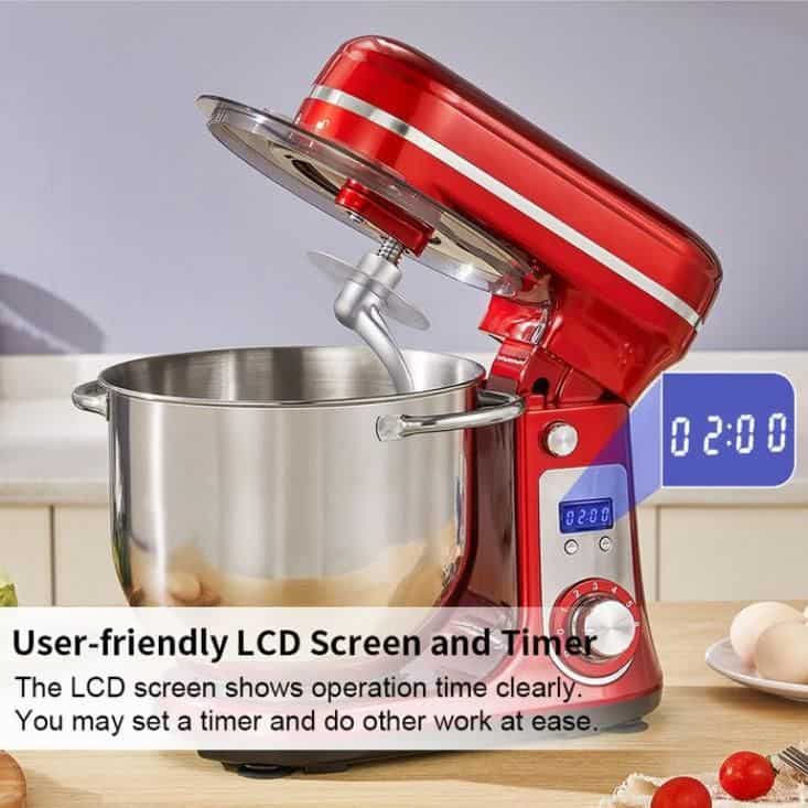 High-quality stand mixer for baking and cooking. Features LCD screen and timer for precise operation. Durable stainless steel bowl, perfect for home kitchens.