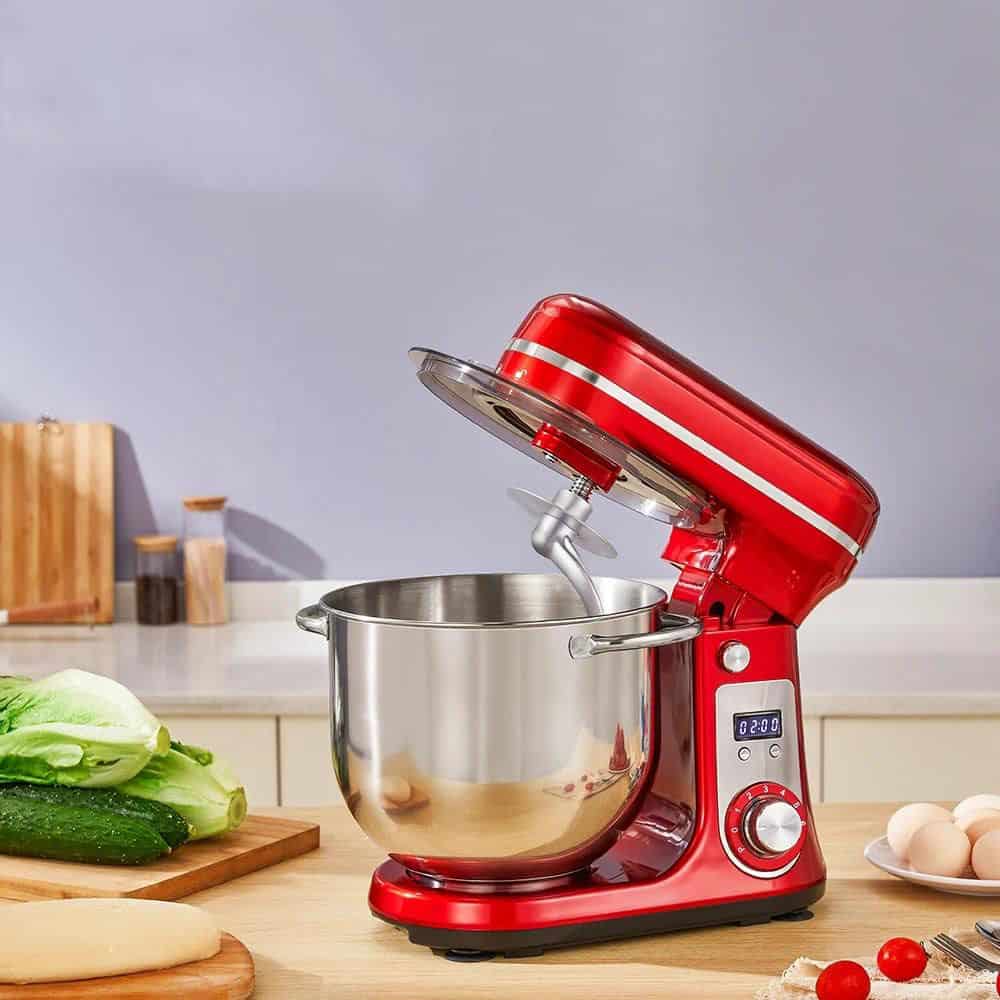 High-quality red kitchen stand mixer with stainless steel mixing bowl, perfect for baking, cooking, and food preparation. Features adjustable speed control and modern design for home chefs.