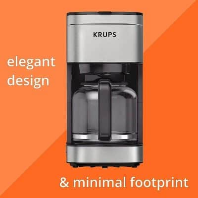 Compact, sleek Krups coffee machine with minimal footprint, perfect for modern kitchens and offices. Easy to use with stylish design for a sophisticated coffee experience.
