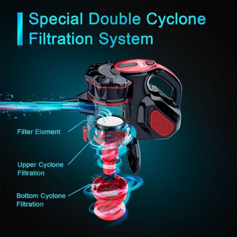 High-performance cyclone filtration system for efficient cleaning. Features upper and bottom cyclone filters with a durable filter element for optimal dust and debris removal.