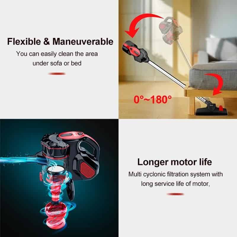 Flexible 0-180° to clean under furniture.