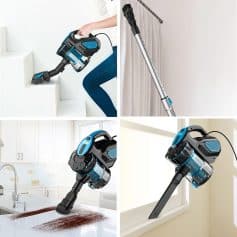 Lightweight and portable stick vacuum for quick cleaning on carpets, hardwood floors, and upholstery.