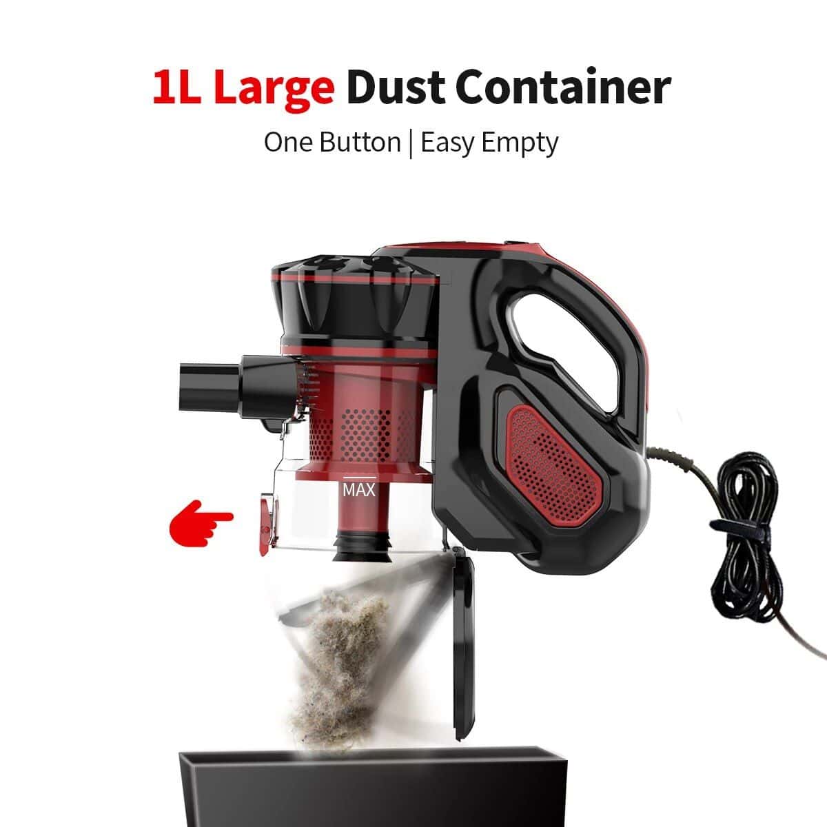 Compact electric vacuum cleaner designed for efficient dust and debris removal, featuring easy one-button operation and a large 1L dust container for hassle-free cleaning.