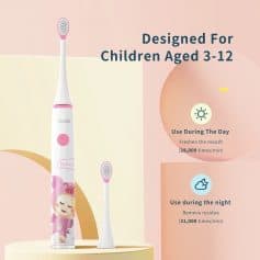 Bright pink and white electric toothbrush designed for children's oral health, featuring a cute pig cartoon for kids ages 3-12.