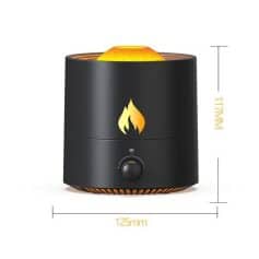 Compact essential oil diffuser with adjustable settings, perfect for home and office use. Creates a relaxing atmosphere with aromatic mist, featuring a sleek black design and flame indicator.