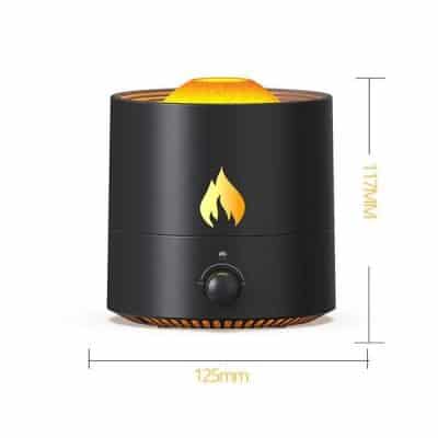 Compact essential oil diffuser with adjustable settings, perfect for home and office use. Creates a relaxing atmosphere with aromatic mist, featuring a sleek black design and flame indicator.